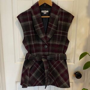 Pendleton Wool Plaid Vest in Burgundy Purple and Gray Belted Waist